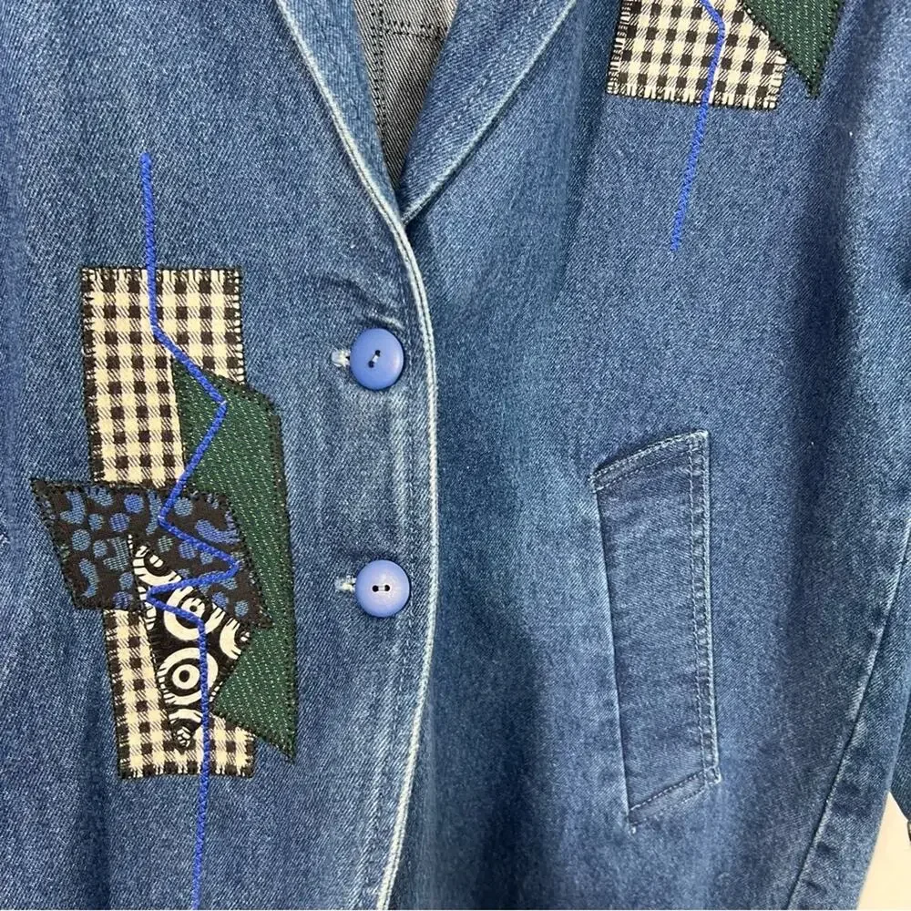 Vintage Denim Applique Created By Connie Oversized Long Trench Coat Size XS